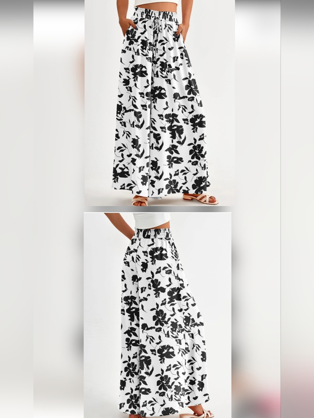 PRETTY GARDEN, Summer, Beach Palazzo Wide-Leg Floral Pants Black & White Sz L